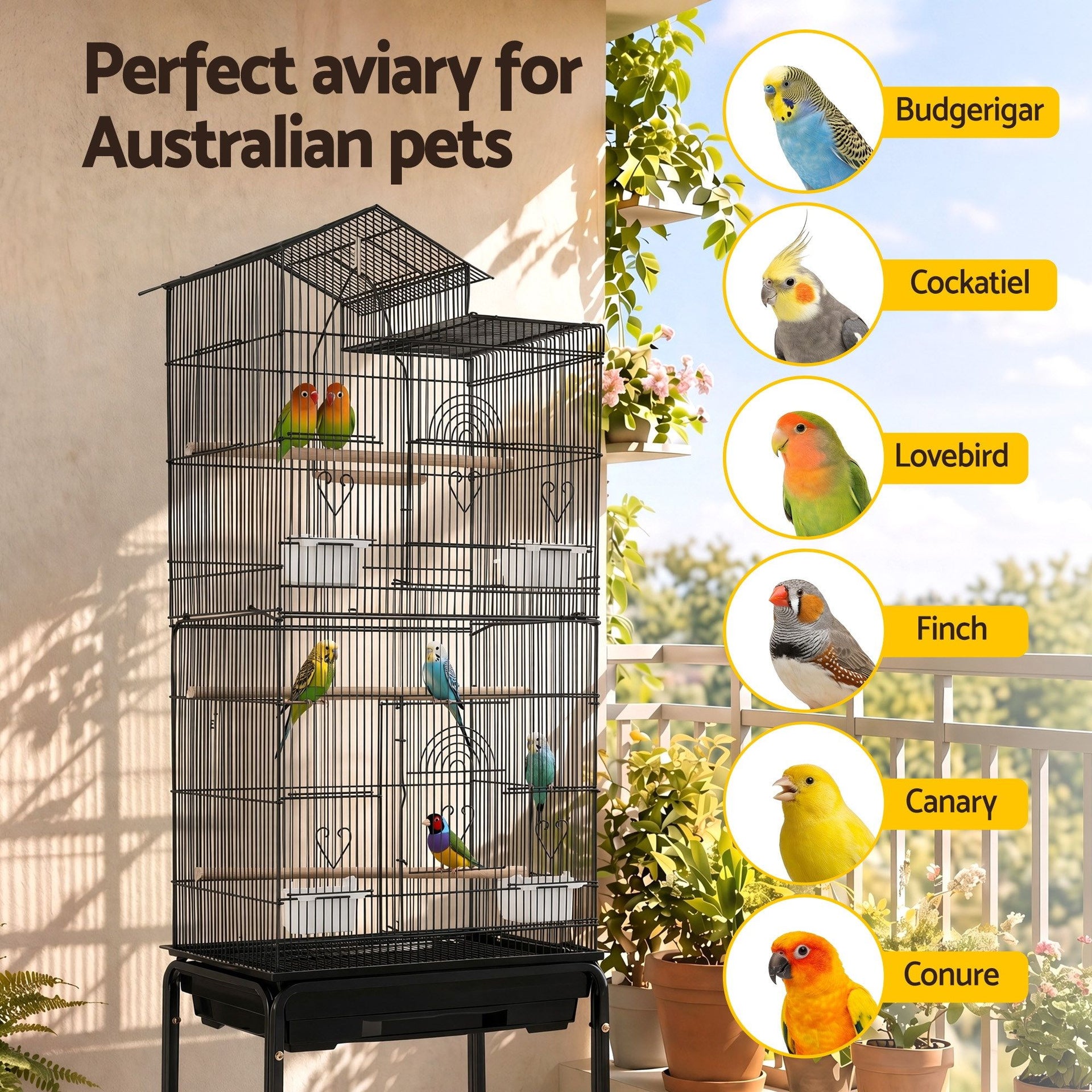 i.Pet 158cm Bird Cage Aviary Parrot Budgie Stand Wheels Black Awezingly