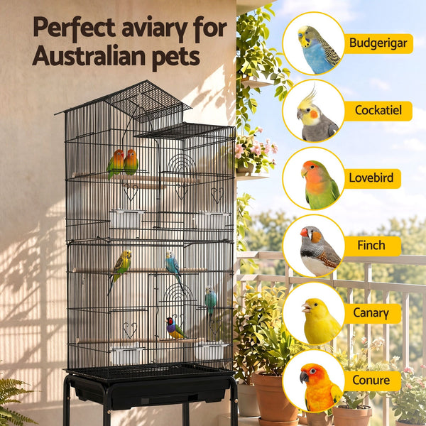 i.Pet 158cm Bird Cage Aviary Parrot Budgie Stand Wheels Black Awezingly