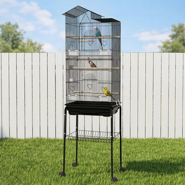 i.Pet 158cm Bird Cage Aviary Parrot Budgie Stand Wheels Black Awezingly