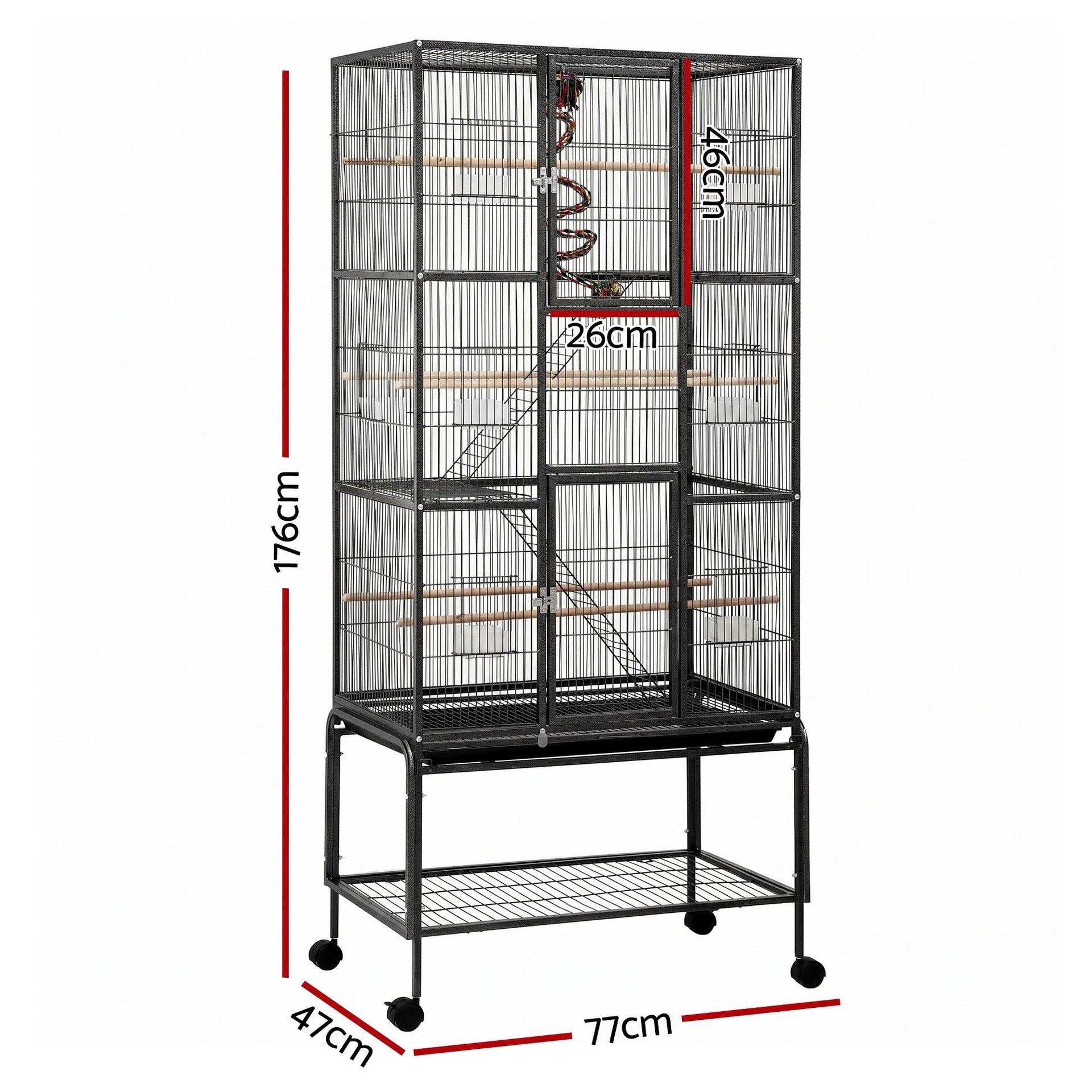 i.Pet 176cm 3-Tier Large Bird Cage Aviary with Ladder Parrot Budgie Wheels Black Awezingly