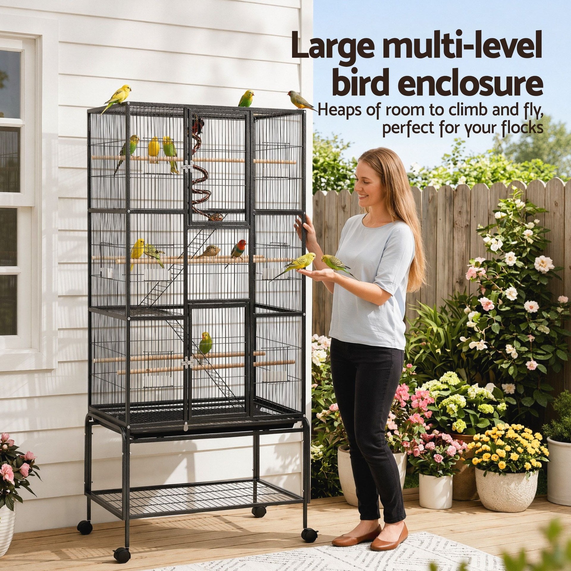 i.Pet 176cm 3-Tier Large Bird Cage Aviary with Ladder Parrot Budgie Wheels Black Awezingly