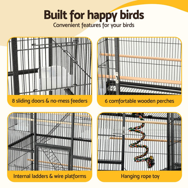 i.Pet 176cm 3-Tier Large Bird Cage Aviary with Ladder Parrot Budgie Wheels Black Awezingly
