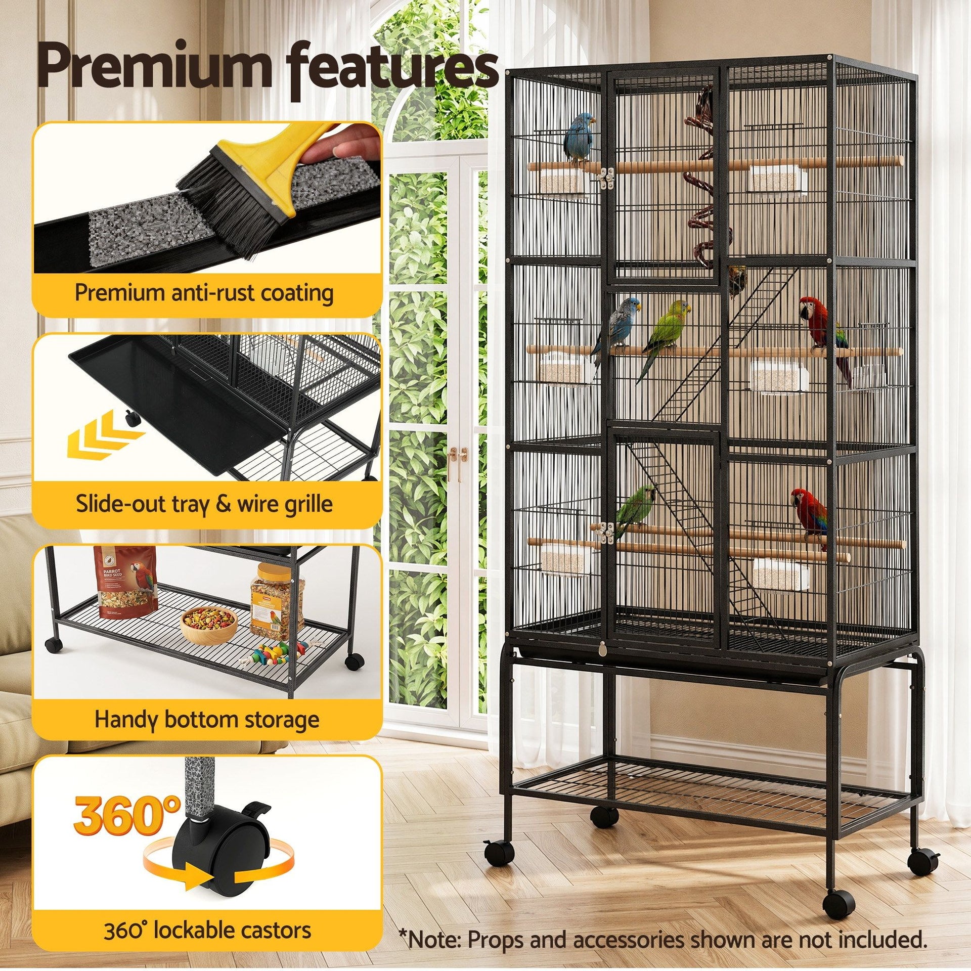 i.Pet 176cm 3-Tier Large Bird Cage Aviary with Ladder Parrot Budgie Wheels Black Awezingly