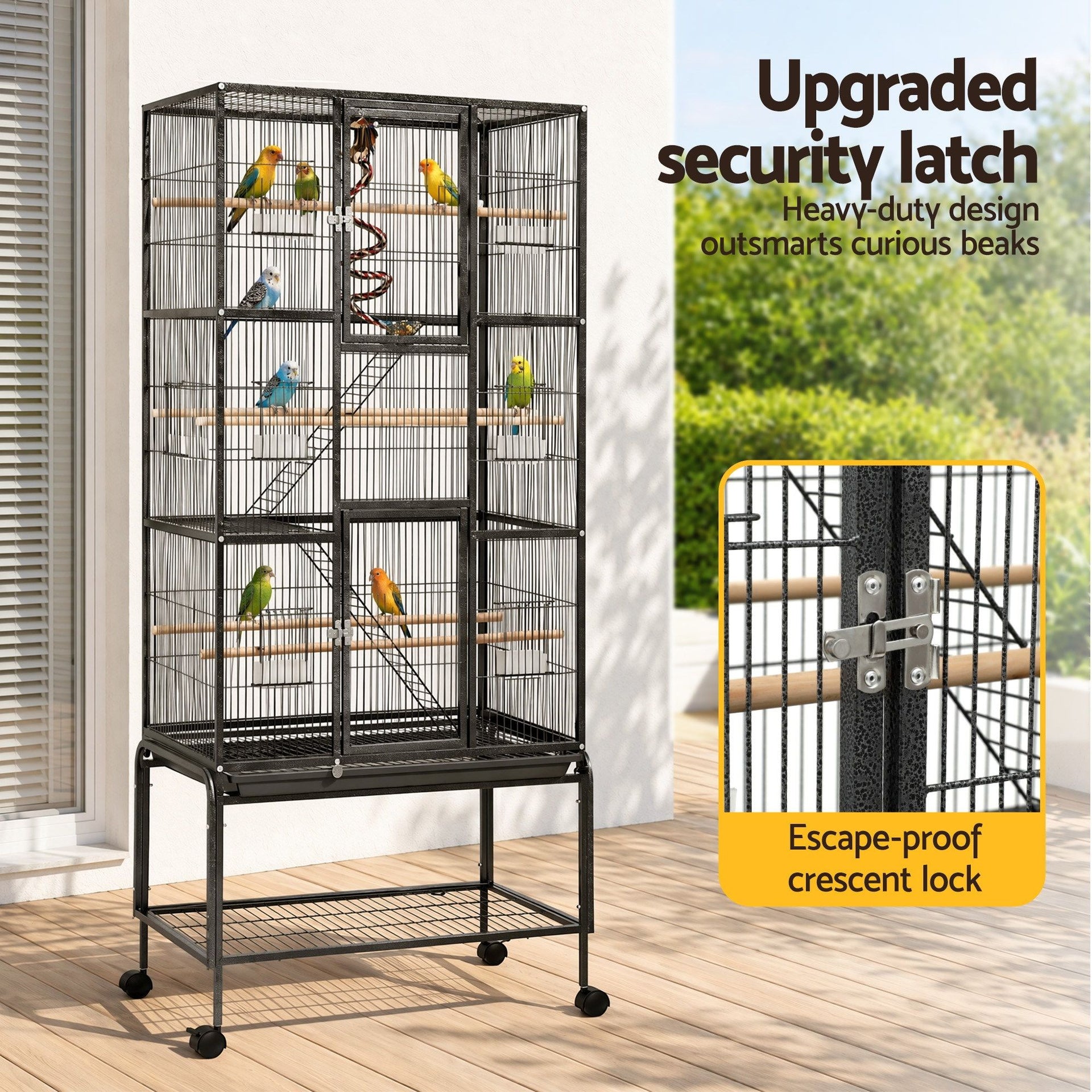 i.Pet 176cm 3-Tier Large Bird Cage Aviary with Ladder Parrot Budgie Wheels Black Awezingly