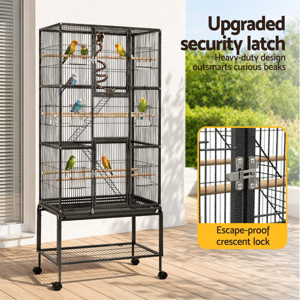 i.Pet 176cm 3-Tier Large Bird Cage Aviary with Ladder Parrot Budgie Wheels Black Awezingly