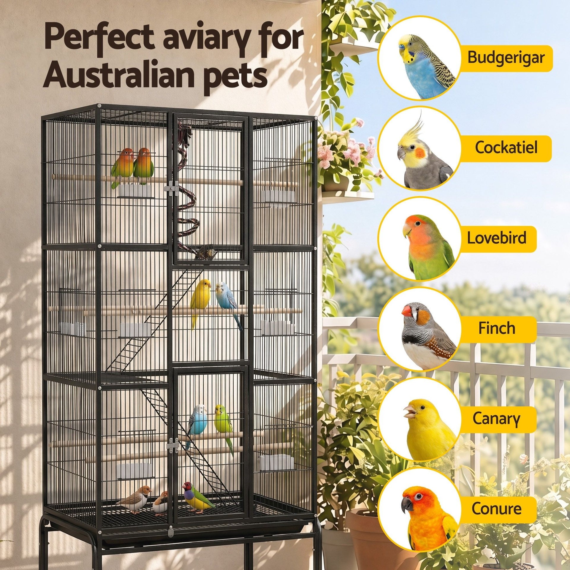 i.Pet 176cm 3-Tier Large Bird Cage Aviary with Ladder Parrot Budgie Wheels Black Awezingly