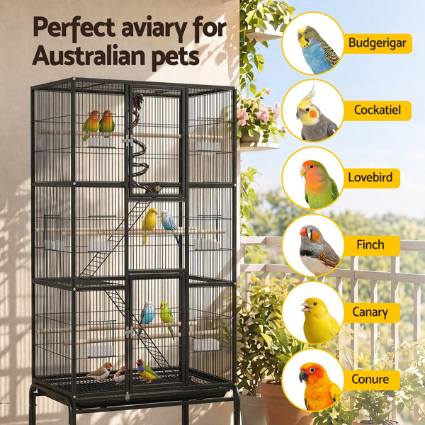 i.Pet 176cm 3-Tier Large Bird Cage Aviary with Ladder Parrot Budgie Wheels Black Awezingly