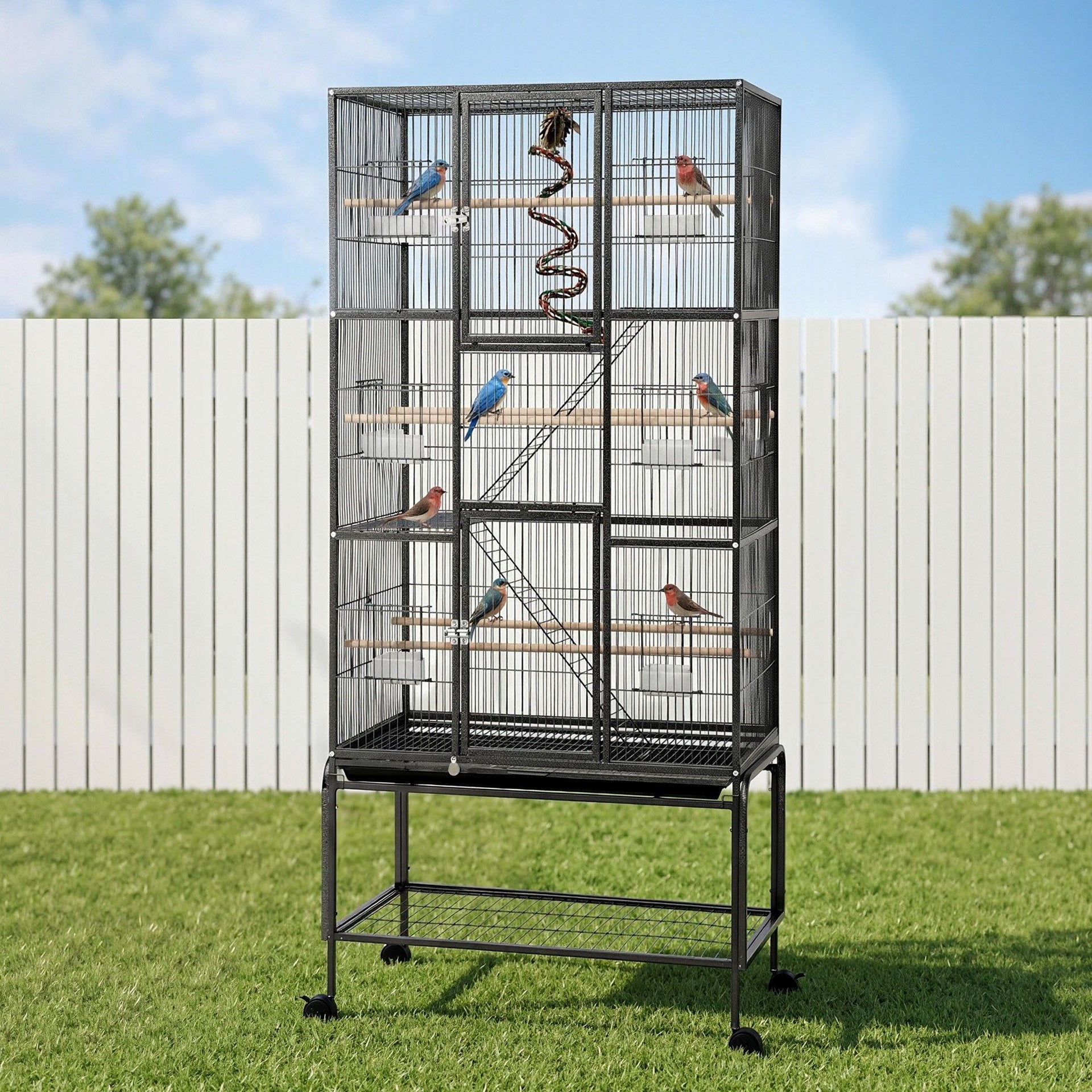 i.Pet 176cm 3-Tier Large Bird Cage Aviary with Ladder Parrot Budgie Wheels Black Awezingly
