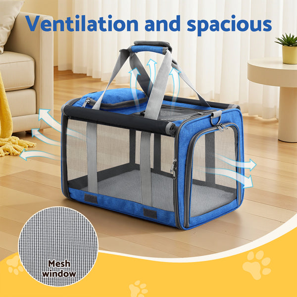 i.Pet Pet Carrier Bag Foldable Dog Cat Durable Crate Travel Cage Portable Car Kennel Blue Awezingly