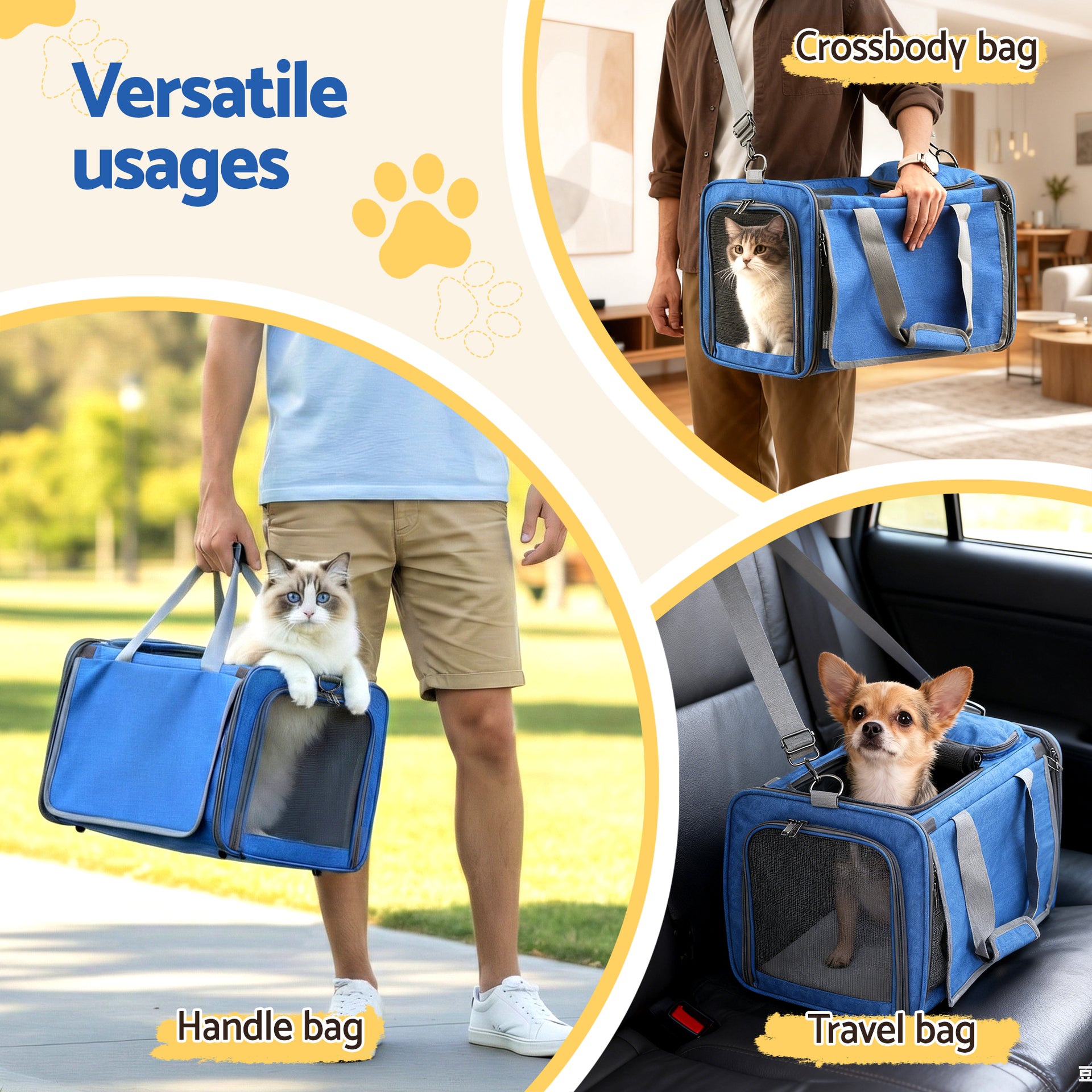 i.Pet Pet Carrier Bag Foldable Dog Cat Durable Crate Travel Cage Portable Car Kennel Blue Awezingly