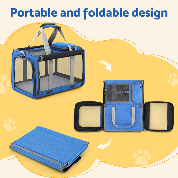 i.Pet Pet Carrier Bag Foldable Dog Cat Durable Crate Travel Cage Portable Car Kennel Blue Awezingly