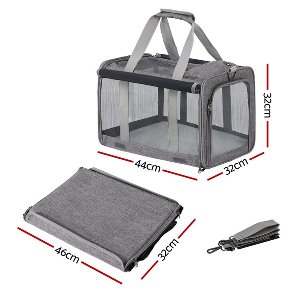 i.Pet Pet Carrier Bag Foldable Dog Cat Durable Crate Travel Cage Portable Car Kennel Grey Awezingly