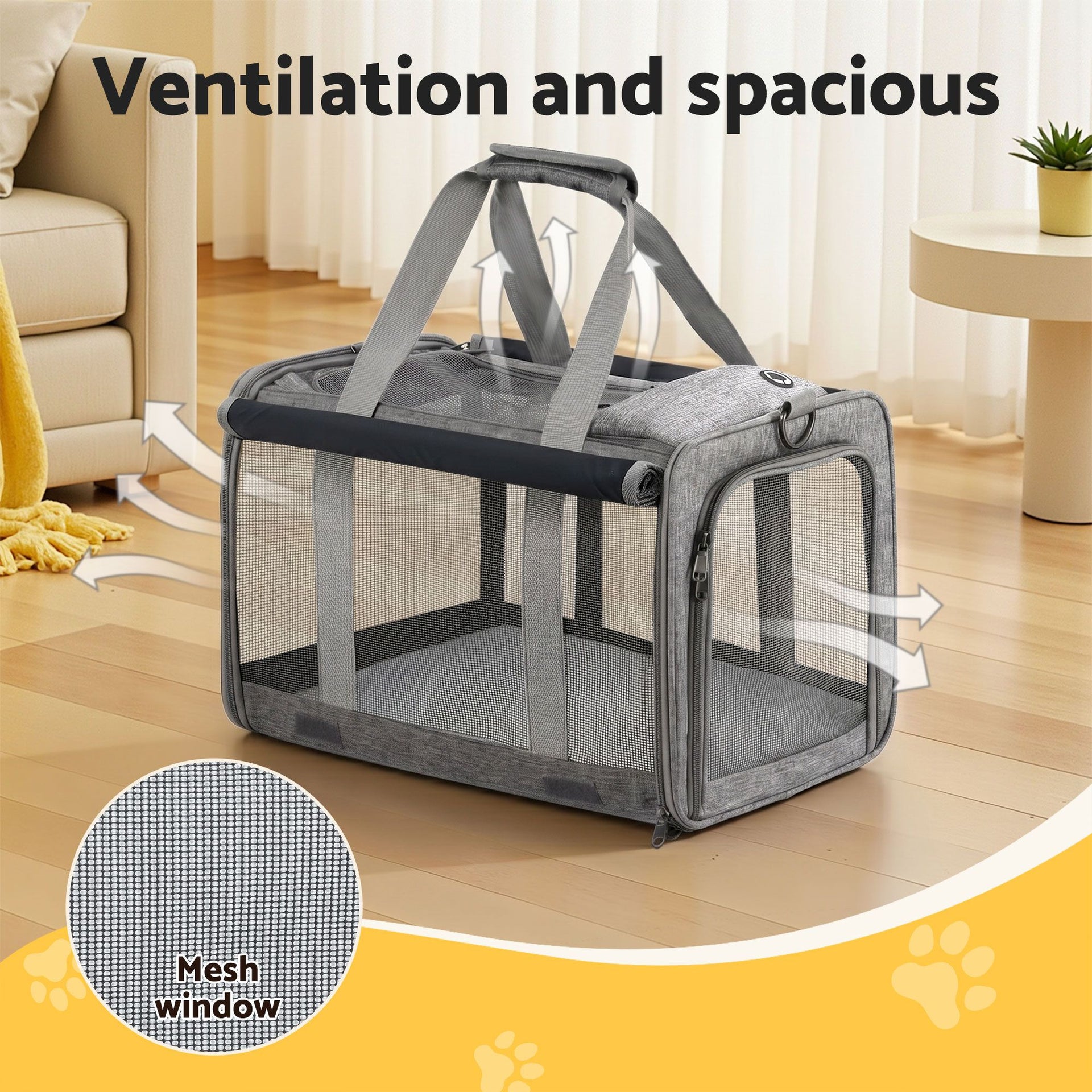 i.Pet Pet Carrier Bag Foldable Dog Cat Durable Crate Travel Cage Portable Car Kennel Grey Awezingly
