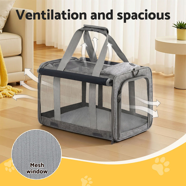 i.Pet Pet Carrier Bag Foldable Dog Cat Durable Crate Travel Cage Portable Car Kennel Grey Awezingly