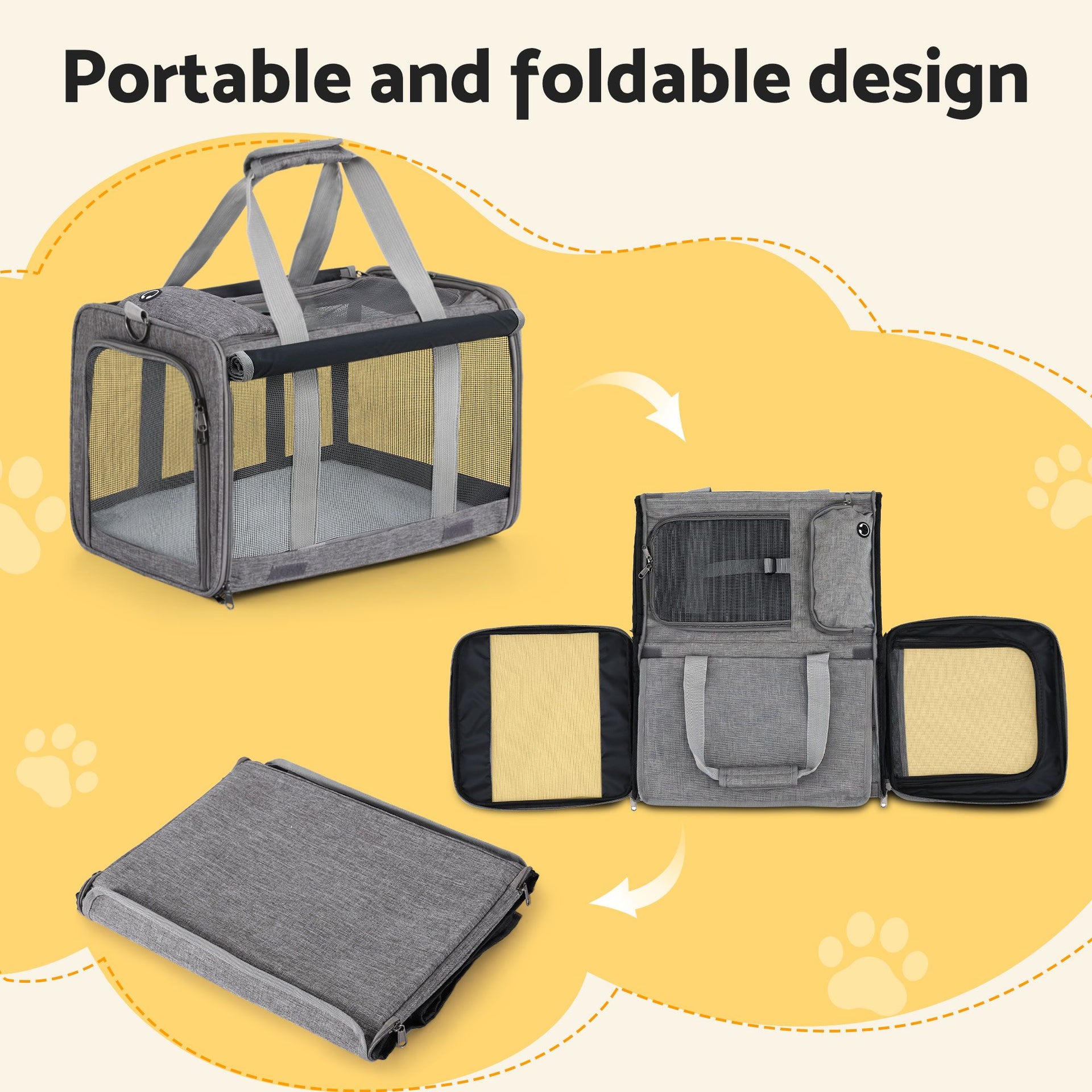 i.Pet Pet Carrier Bag Foldable Dog Cat Durable Crate Travel Cage Portable Car Kennel Grey i.Pet