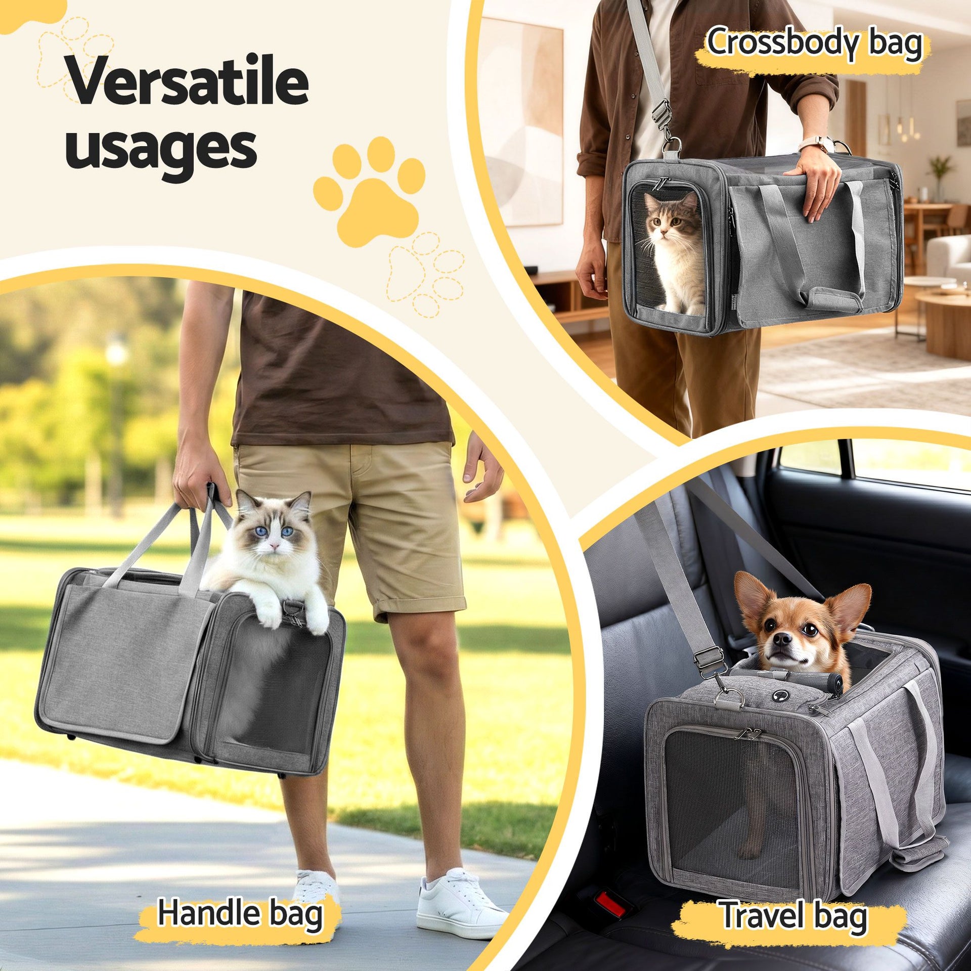 i.Pet Pet Carrier Bag Foldable Dog Cat Durable Crate Travel Cage Portable Car Kennel Grey i.Pet