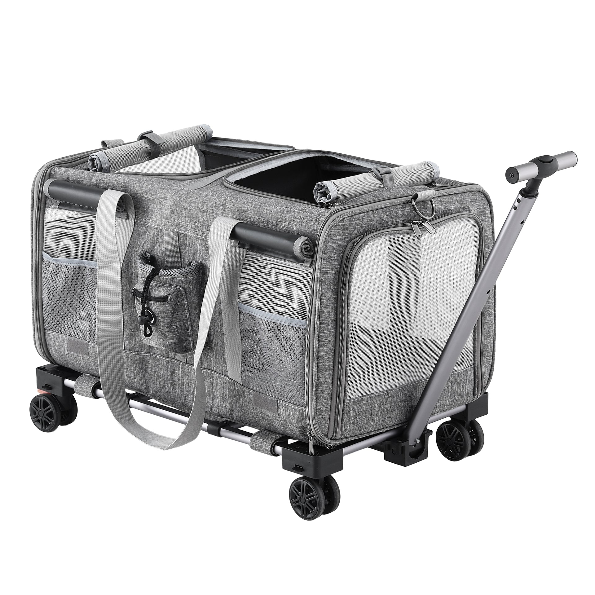 i.Pet Pet Carrier Swivel Wheels Foldable Cat Dog Trolley Stroller Travel Bag Grey Awezingly