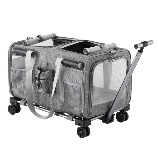 i.Pet Pet Carrier Swivel Wheels Foldable Cat Dog Trolley Stroller Travel Bag Grey Awezingly