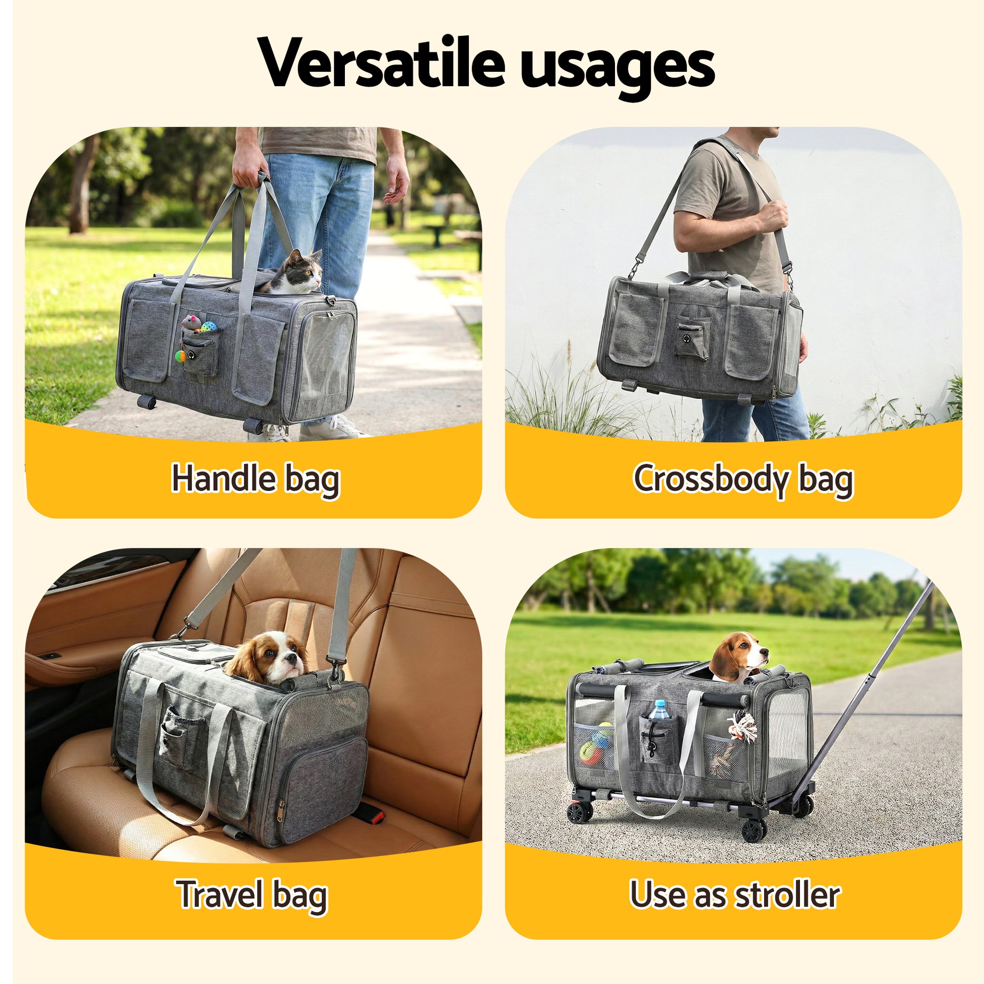 i.Pet Pet Carrier Swivel Wheels Foldable Cat Dog Trolley Stroller Travel Bag Grey Awezingly