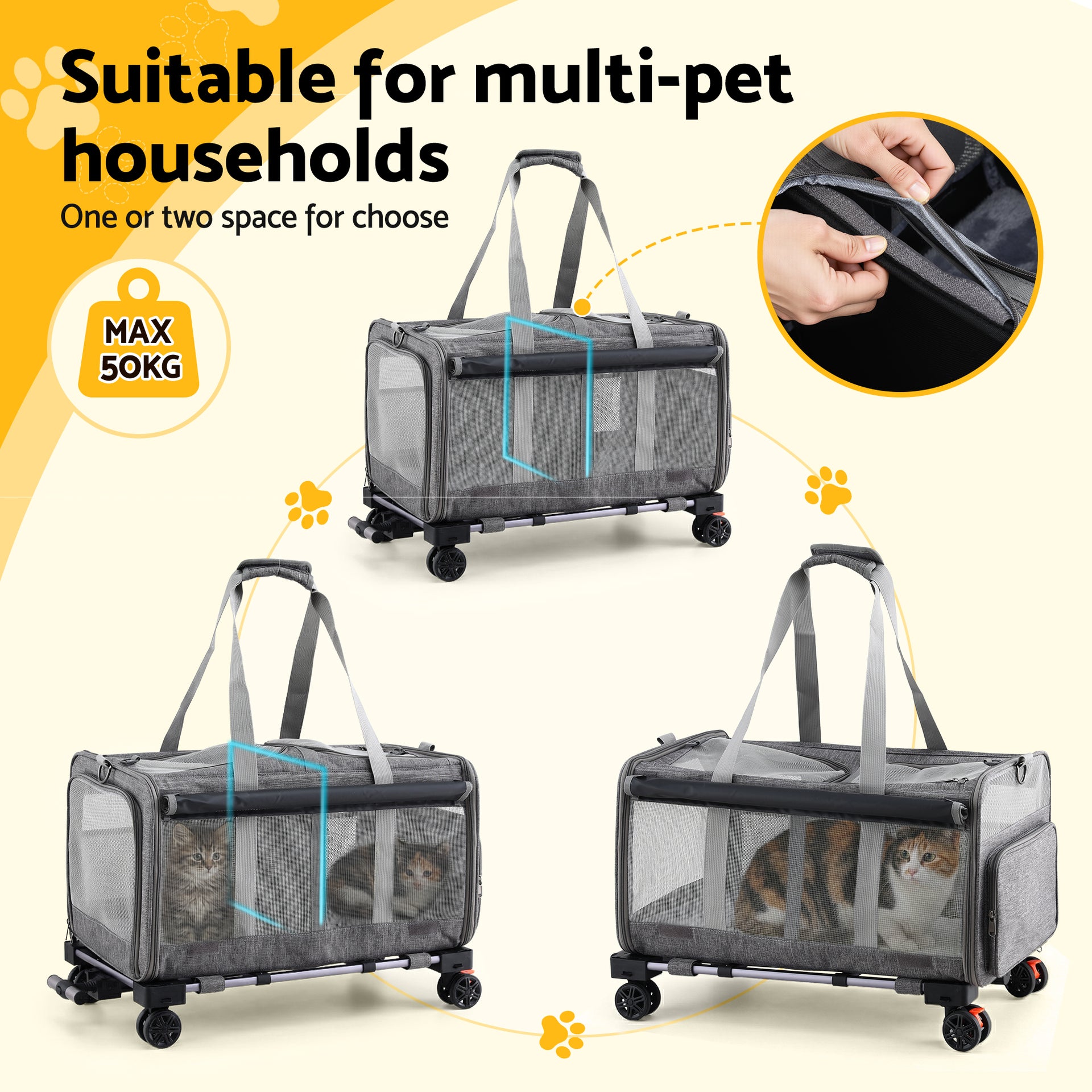 i.Pet Pet Carrier Swivel Wheels Foldable Cat Dog Trolley Stroller Travel Bag Grey Awezingly