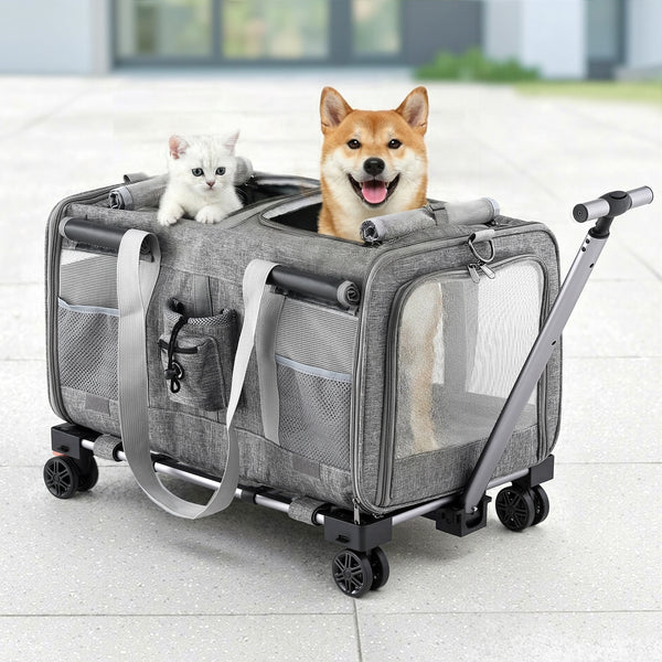 i.Pet Pet Carrier Swivel Wheels Foldable Cat Dog Trolley Stroller Travel Bag Grey Awezingly