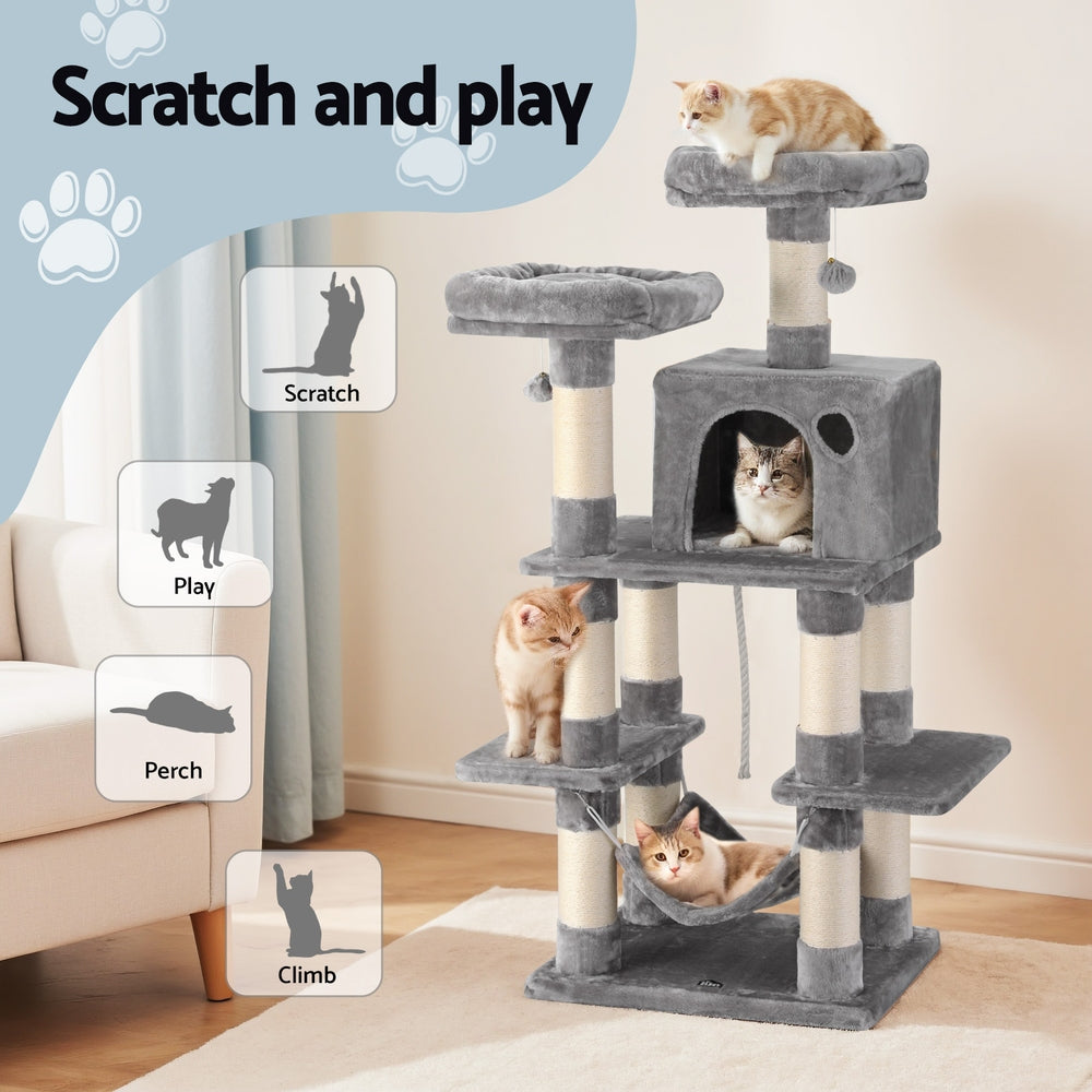 i.Pet Cat Tree 145cm Tower Scratching Post Trees Scratcher Condo House Light Grey i.Pet