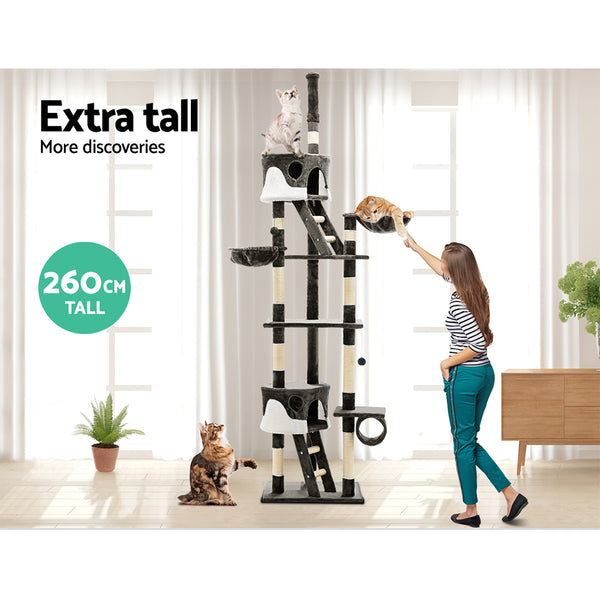 i.Pet Cat Tree 260cm Tower Scratching Post Scratcher Condo House Trees Grey i.Pet