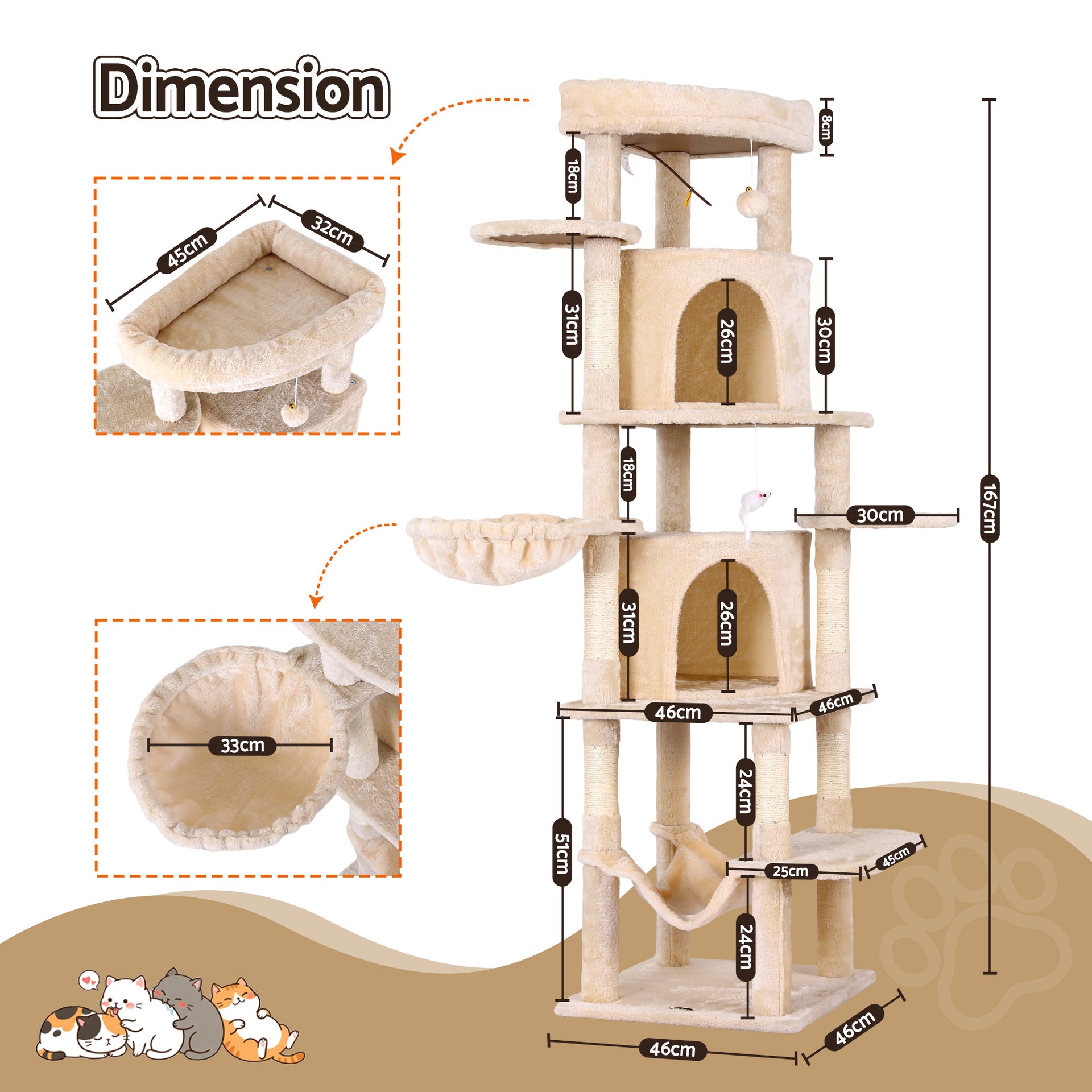 i.Pet Cat Tree Tower 167cm Large Scratching Post Furniture Scratcher House Beige Awezingly