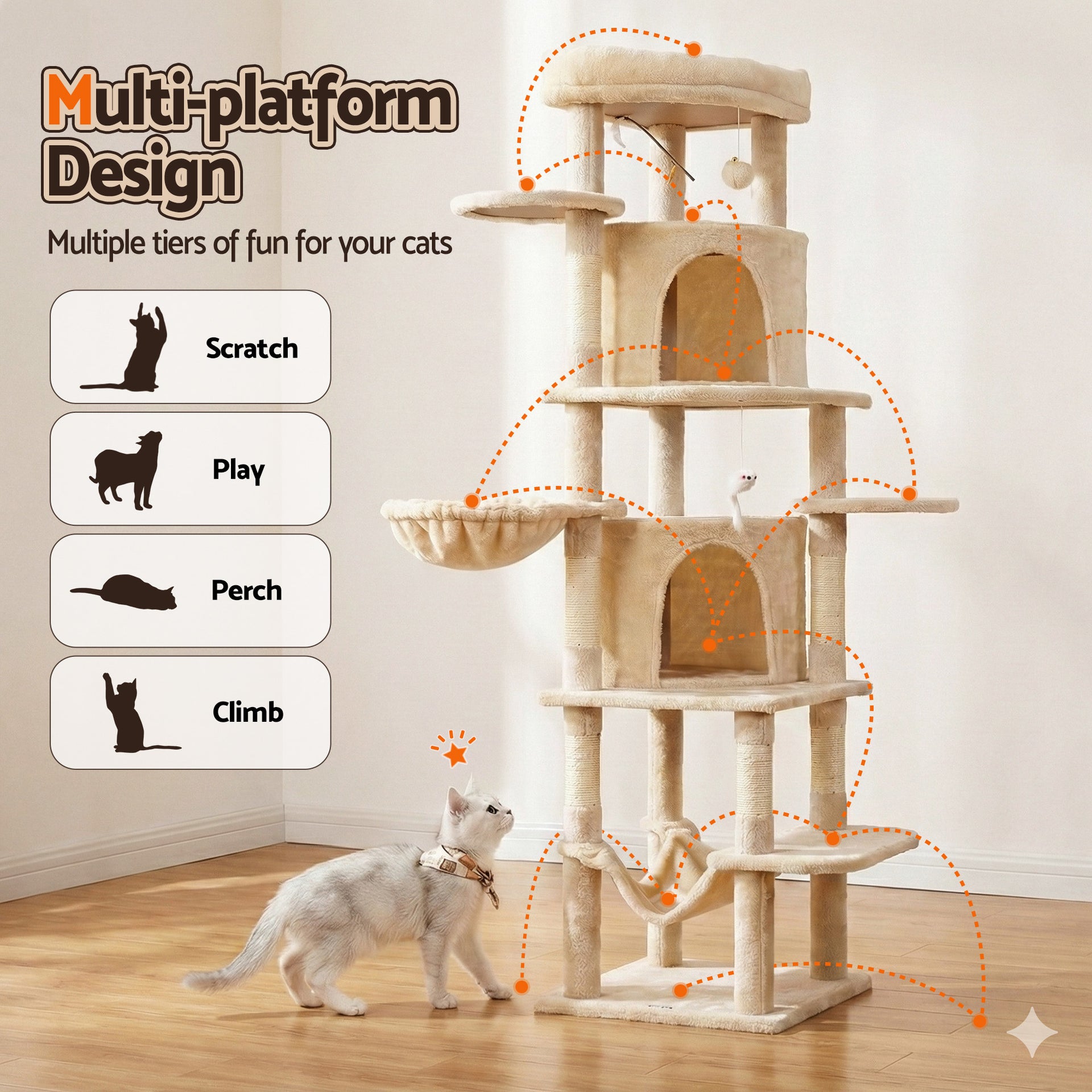 i.Pet Cat Tree Tower 167cm Large Scratching Post Furniture Scratcher House Beige Awezingly