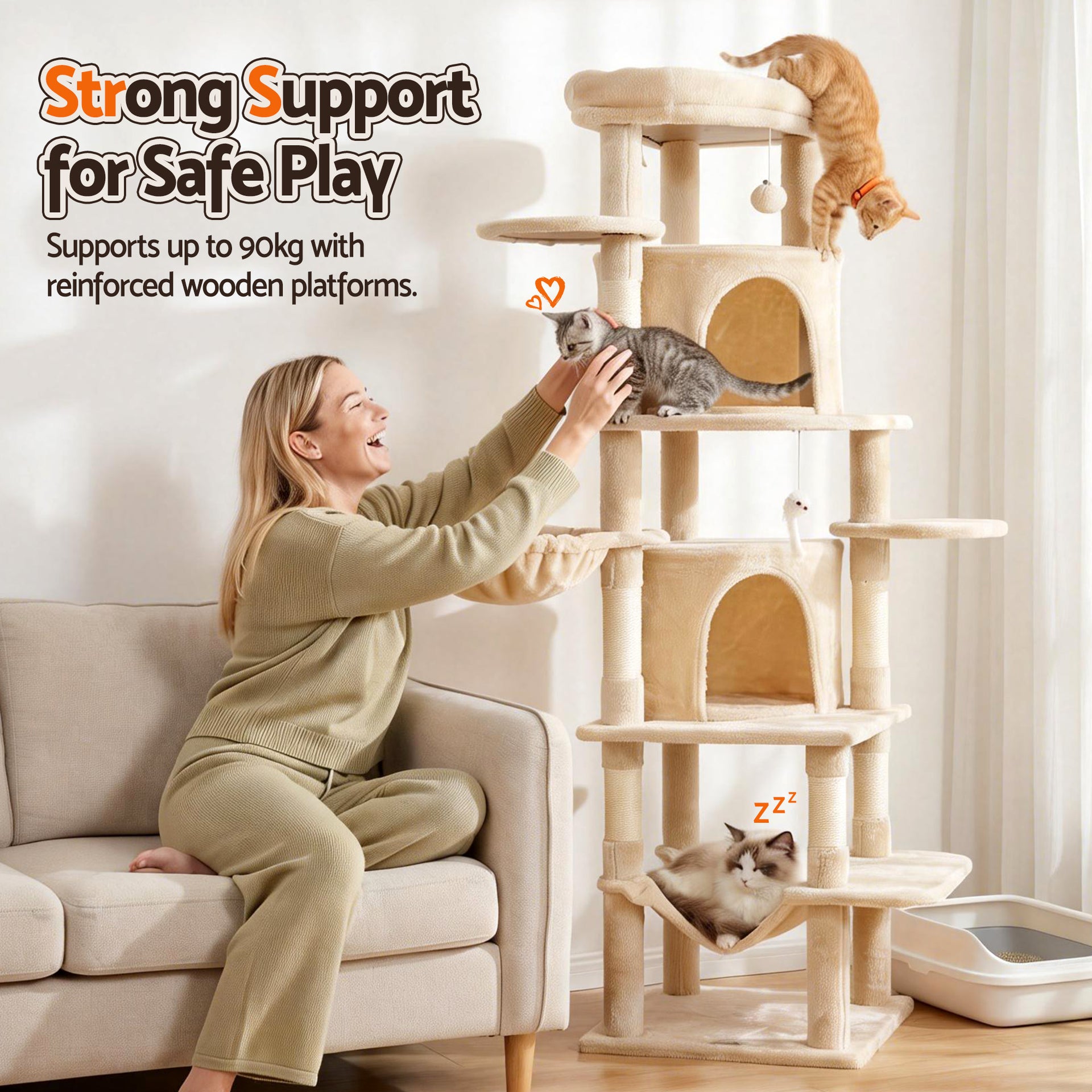 i.Pet Cat Tree Tower 167cm Large Scratching Post Furniture Scratcher House Beige Awezingly