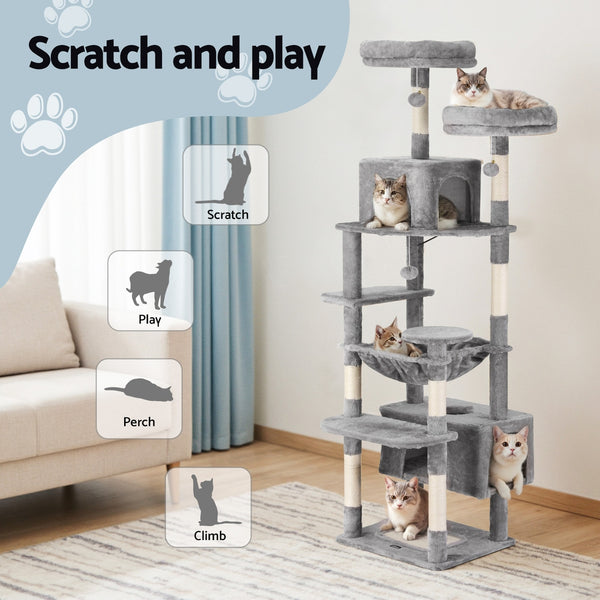 i.Pet Cat Tree 184cm Tower Scratching Post Trees Scratcher Condo House Light Grey i.Pet