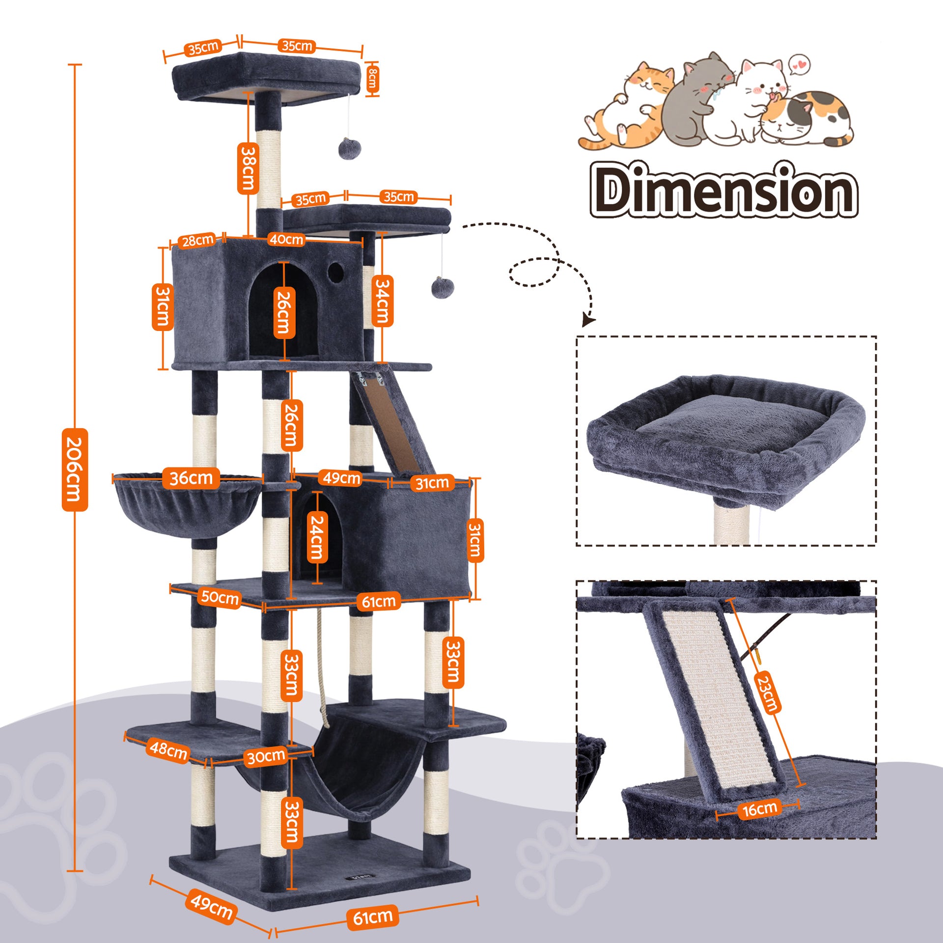 i.Pet Cat Tree Tower 206cm Large Scratching Post Furniture Scratcher House Grey Awezingly