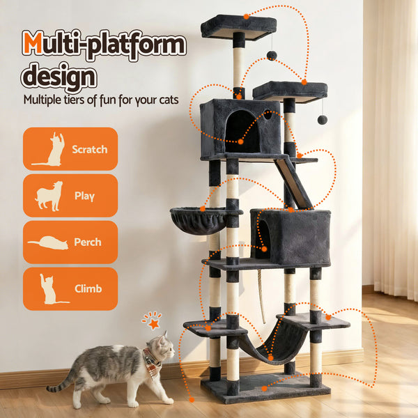 i.Pet Cat Tree Tower 206cm Large Scratching Post Furniture Scratcher House Grey Awezingly
