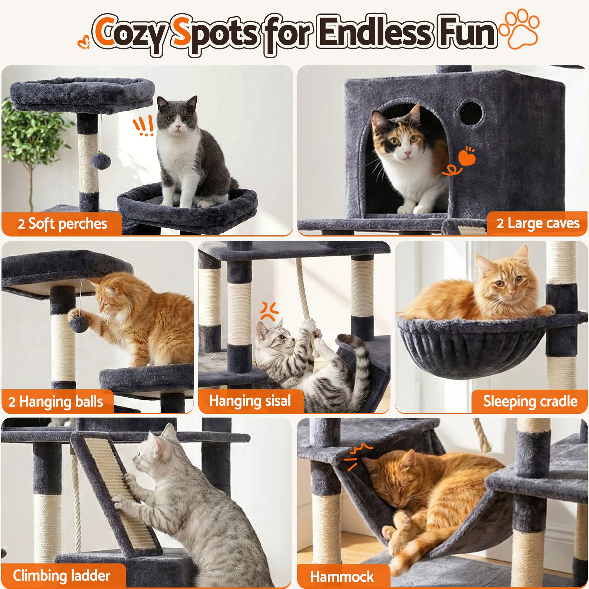 i.Pet Cat Tree Tower 206cm Large Scratching Post Furniture Scratcher House Grey Awezingly