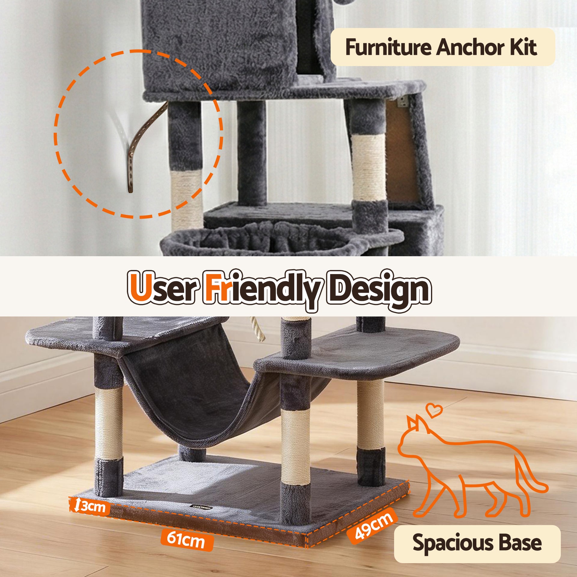 i.Pet Cat Tree Tower 206cm Large Scratching Post Furniture Scratcher House Grey Awezingly