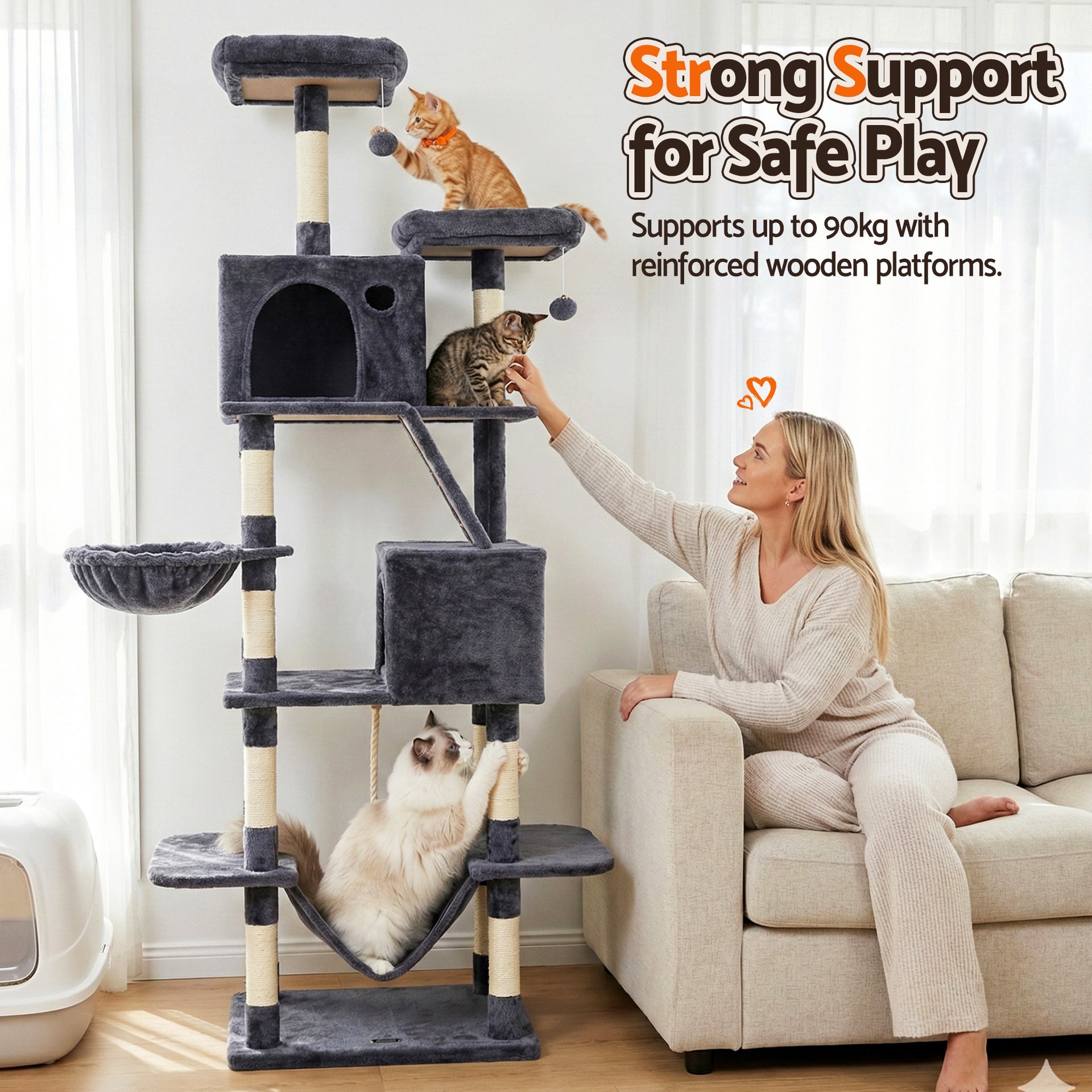 i.Pet Cat Tree Tower 206cm Large Scratching Post Furniture Scratcher House Grey Awezingly