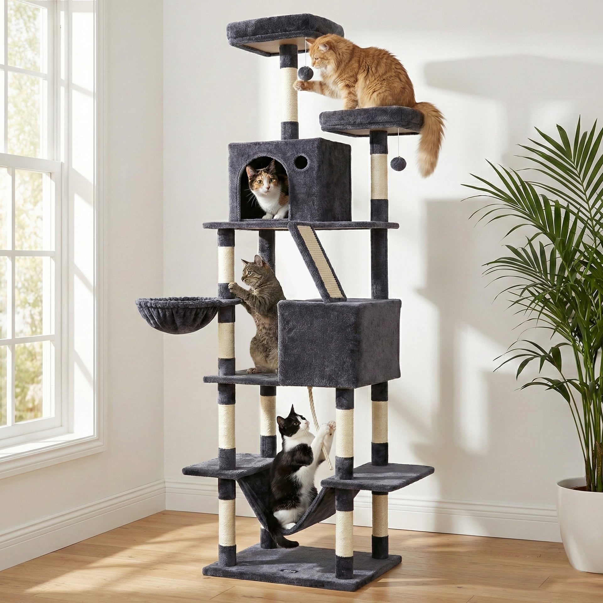 i.Pet Cat Tree Tower 206cm Large Scratching Post Furniture Scratcher House Grey Awezingly