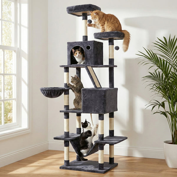 i.Pet Cat Tree Tower 206cm Large Scratching Post Furniture Scratcher House Grey Awezingly
