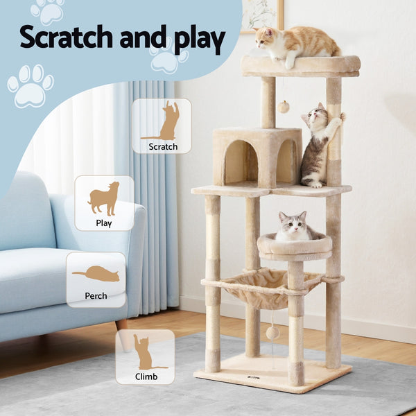 i.Pet Cat Tree 143cm Tower Scratching Post Trees Scratcher Condo House Beige i.Pet