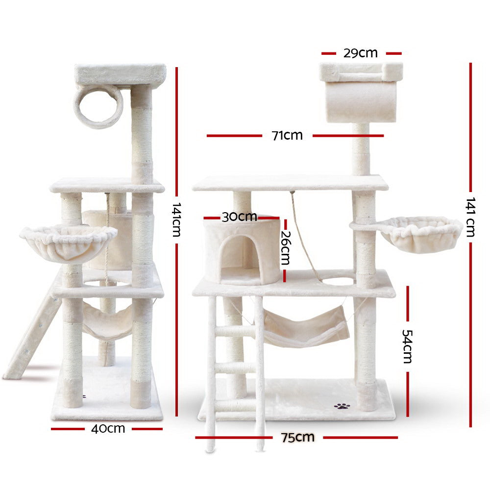 i.Pet Cat Tree 141cm Tower Scratching Post Scratcher Condo Wood House Bed Beige i.Pet