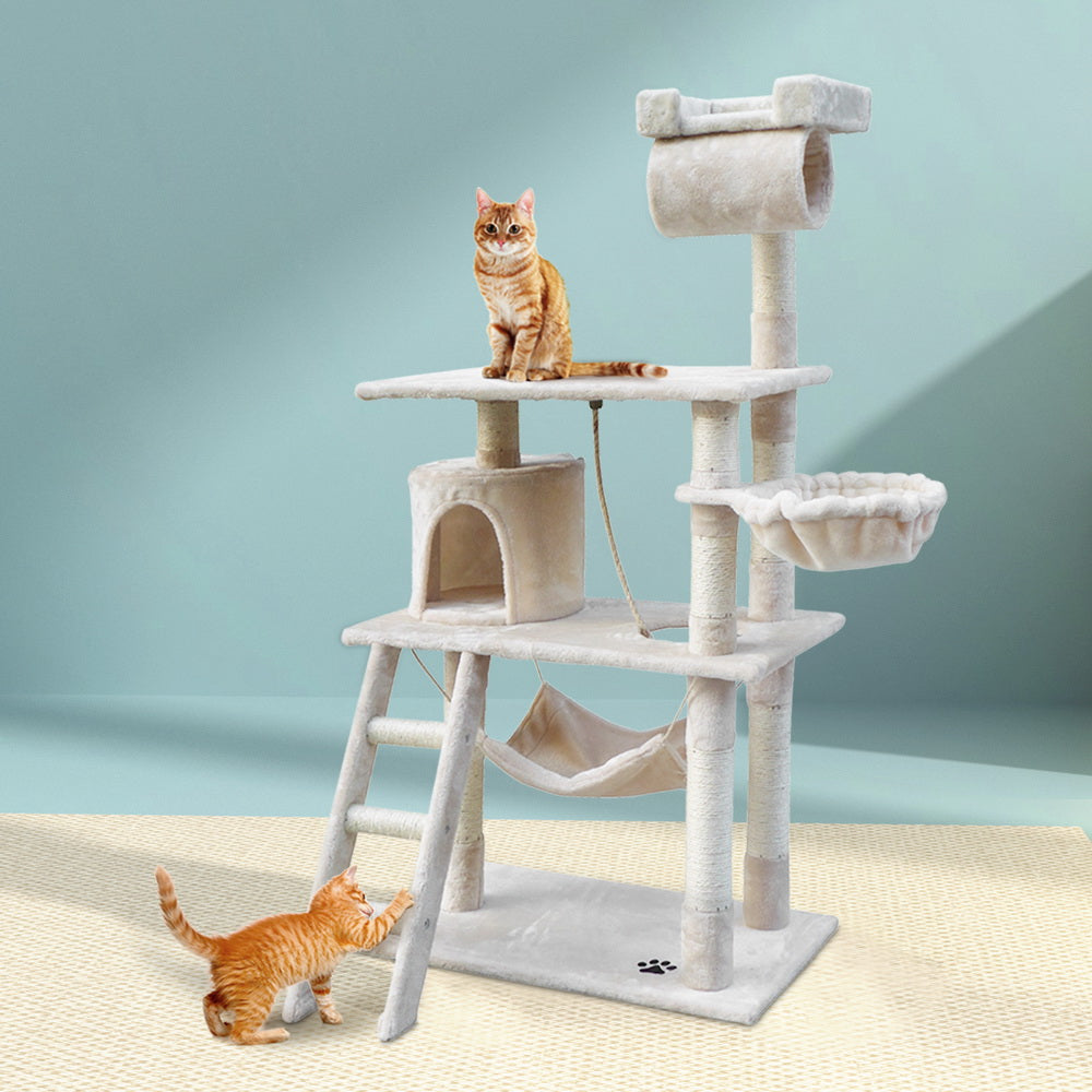 i.Pet Cat Tree 141cm Tower Scratching Post Scratcher Condo Wood House Bed Beige i.Pet