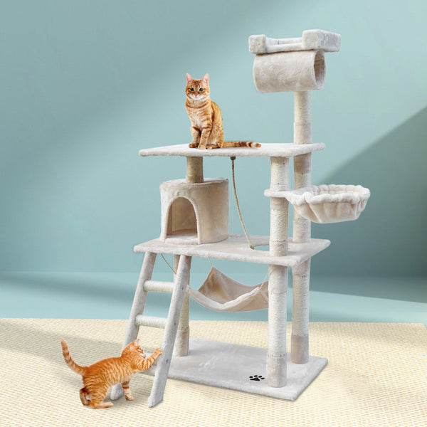 i.Pet Cat Tree 141cm Tower Scratching Post Scratcher Condo Wood House Bed Beige i.Pet