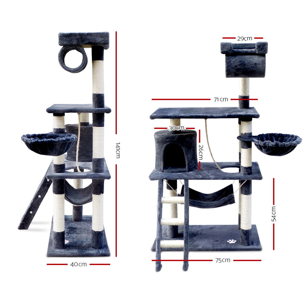 i.Pet Cat Tree 141cm Tower Scratching Post Scratcher Condo Wood House Bed Grey i.Pet