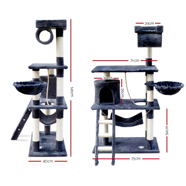 i.Pet Cat Tree 141cm Tower Scratching Post Scratcher Condo Wood House Bed Grey i.Pet