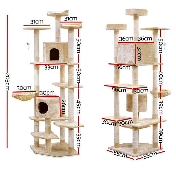 i.Pet Cat Tree 203cm Tower Scratching Post Scratcher Condo Trees House Bed Beige i.Pet