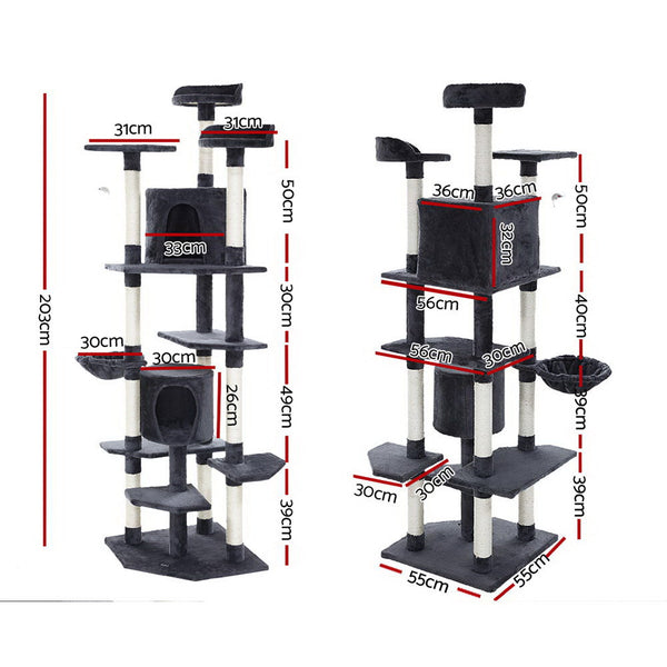 i.Pet Cat Tree 203cm Tower Scratching Post Scratcher Condo Trees House Bed Grey i.Pet