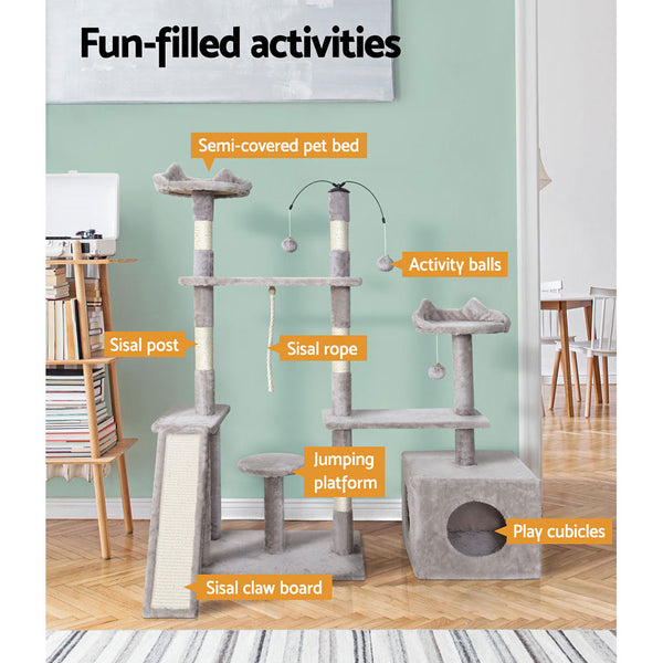 i.Pet Cat Tree 135cm Tower Scratching Post Scratcher Wood Condo House Toys Grey i.Pet
