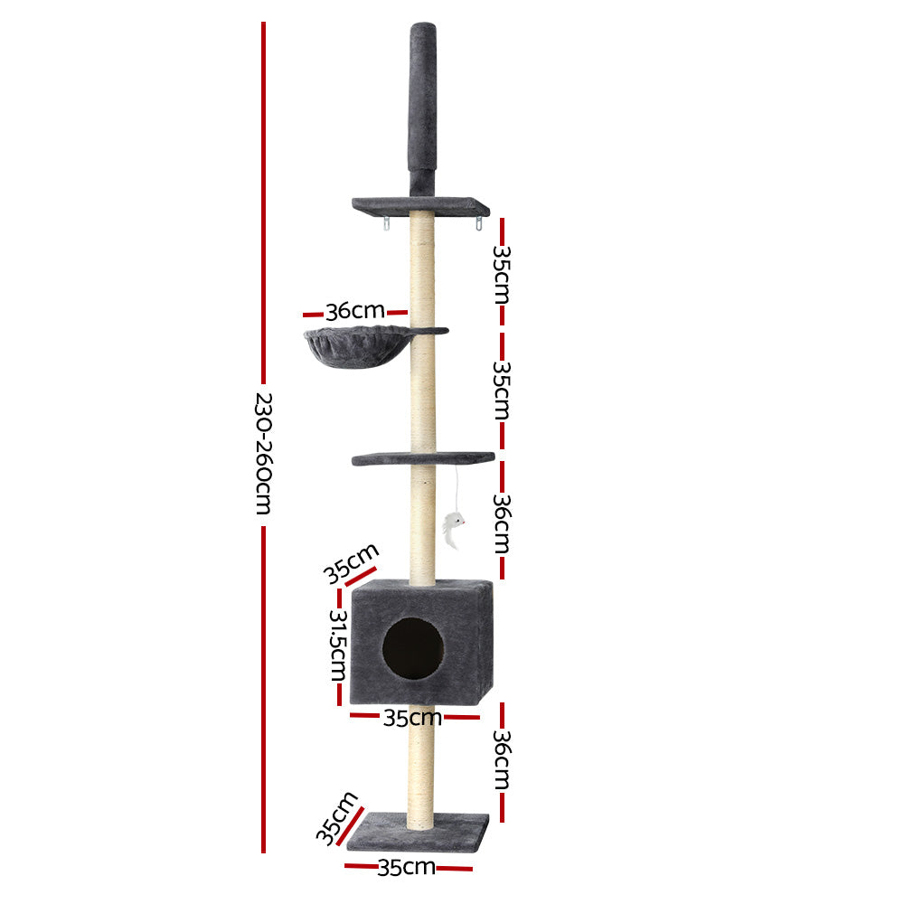i.Pet Cat Tree 260cm Tower Scratching Post Scratcher Floor to Ceiling Cats Bed Dark Grey i.Pet