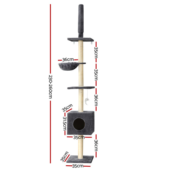 i.Pet Cat Tree 260cm Tower Scratching Post Scratcher Floor to Ceiling Cats Bed Dark Grey i.Pet
