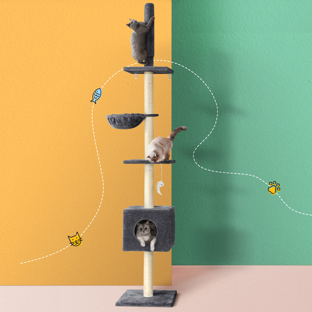 i.Pet Cat Tree 260cm Tower Scratching Post Scratcher Floor to Ceiling Cats Bed Dark Grey i.Pet